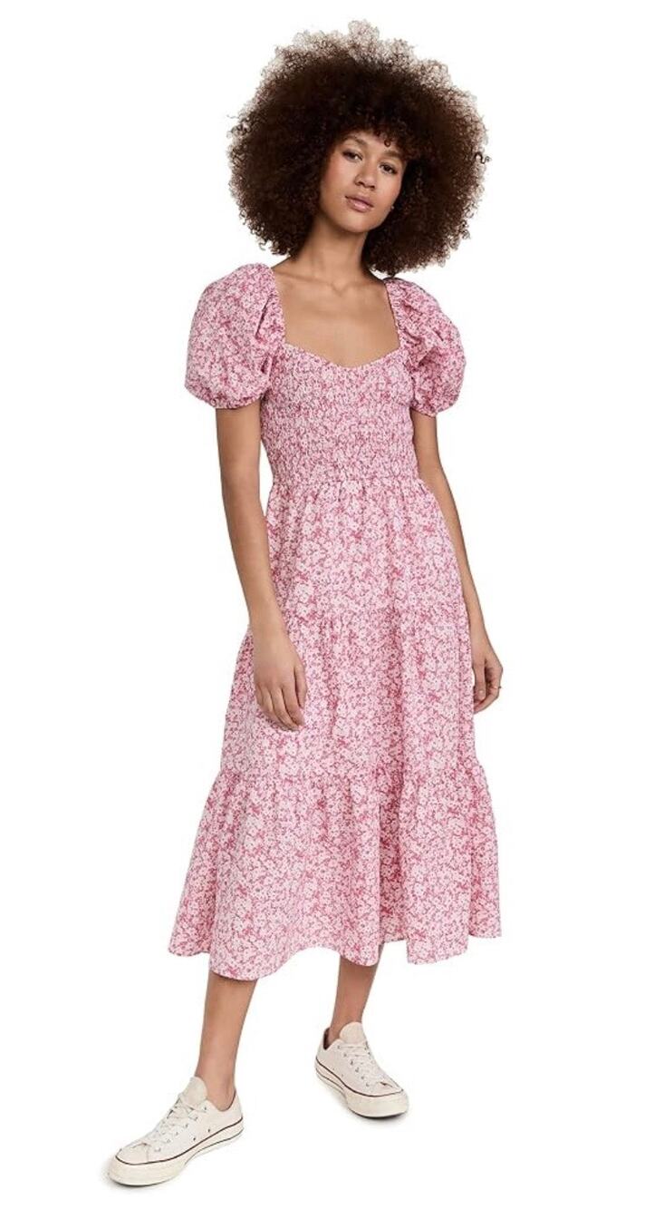 Moon River Pink Floral Feminine Puff Sleeve Midi Sundress XS Spring Tiered